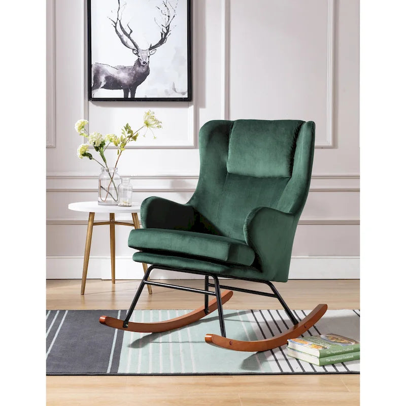 Fauteuil à bascule, Velours, Pieds en bois d'hévéa et en acier