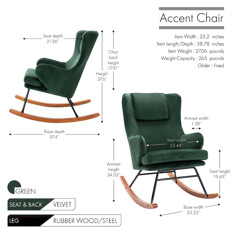 Fauteuil à bascule, Velours, Pieds en bois d'hévéa et en acier