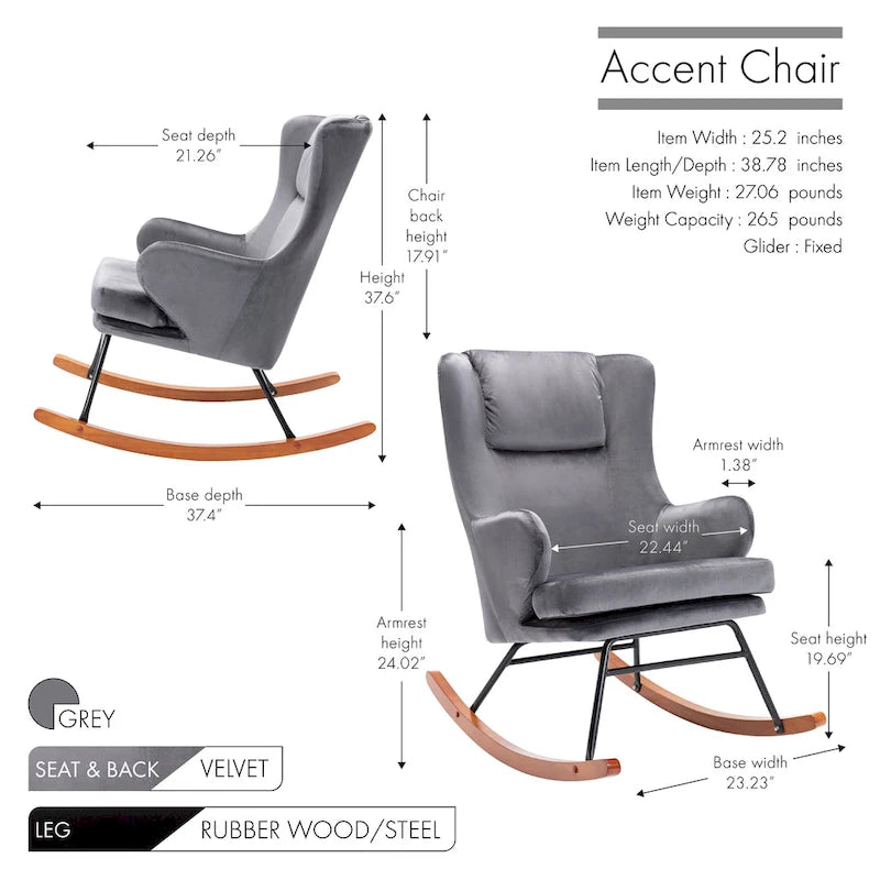 Fauteuil à bascule, Velours, Pieds en bois d'hévéa et en acier