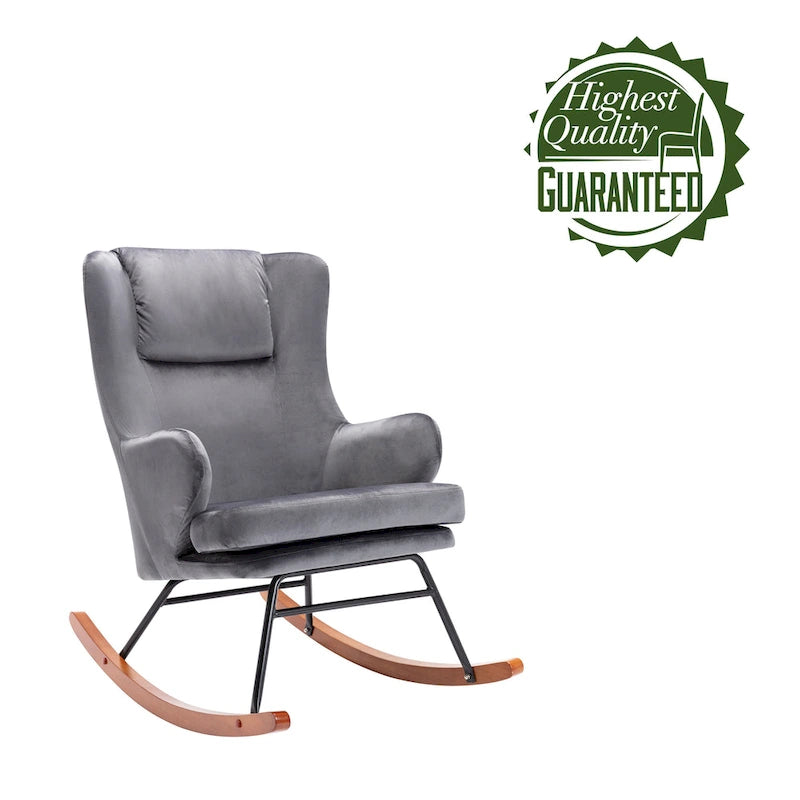 Fauteuil à bascule, Velours, Pieds en bois d'hévéa et en acier