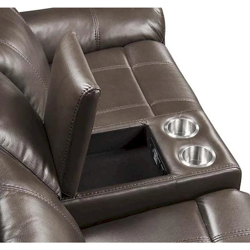 Causeuse inclinable en cuir avec console et port USB, couleur marron