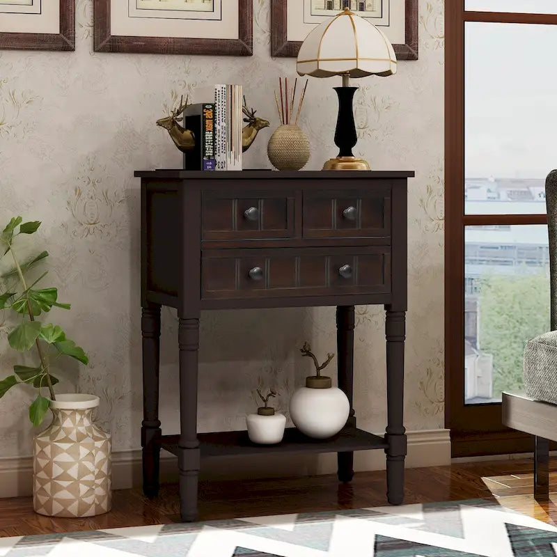 Console étroite, Table d'appoint mince avec trois tiroirs de rangement et étagère inférieure
