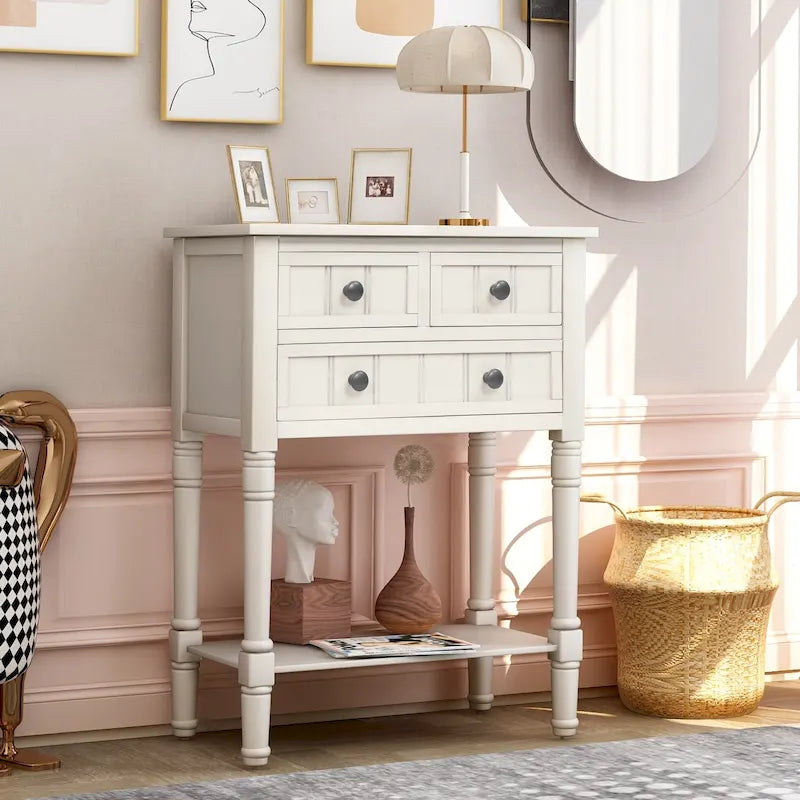 Console étroite, Table d'appoint mince avec trois tiroirs de rangement et étagère inférieure