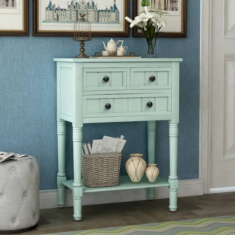 Console étroite, Table d'appoint mince avec trois tiroirs de rangement et étagère inférieure