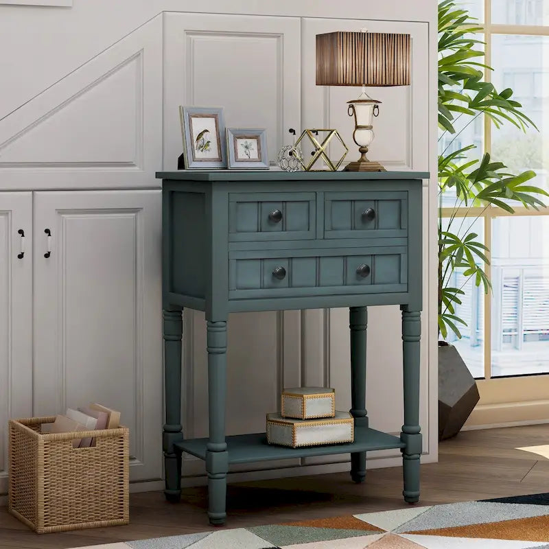 Console étroite, Table d'appoint mince avec trois tiroirs de rangement et étagère inférieure