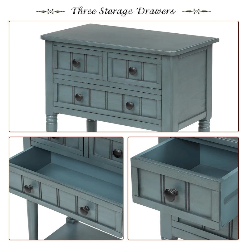 Console étroite, Table d'appoint mince avec trois tiroirs de rangement et étagère inférieure