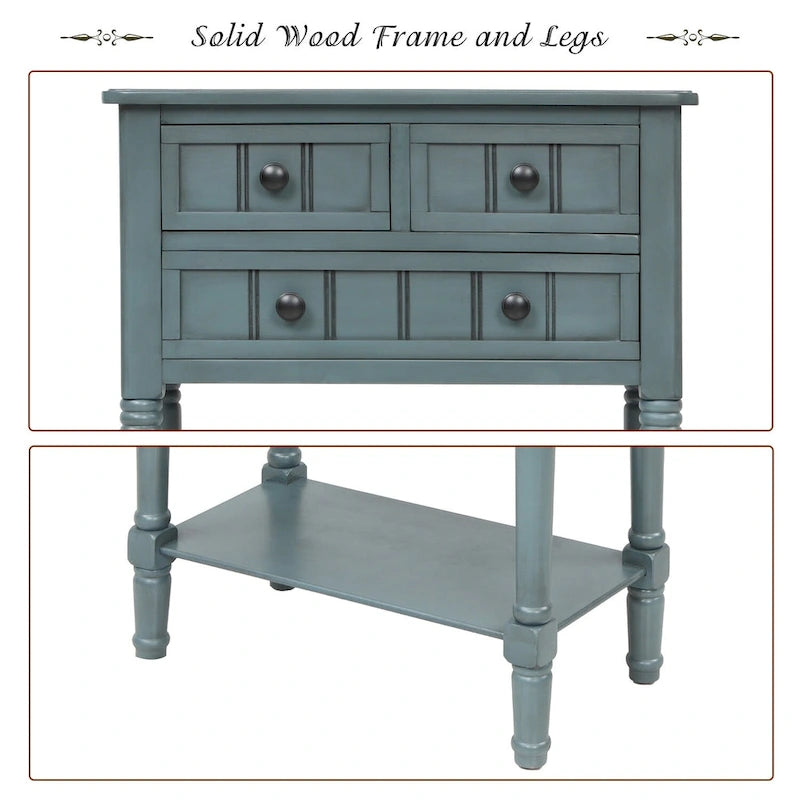 Console étroite, Table d'appoint mince avec trois tiroirs de rangement et étagère inférieure