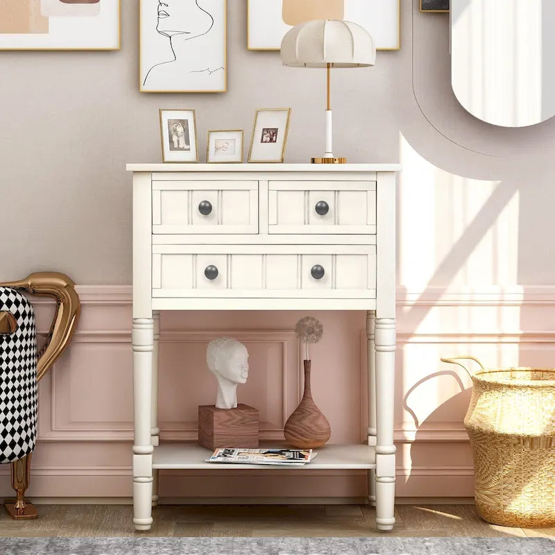 Console étroite, Table d'appoint mince avec trois tiroirs de rangement et étagère inférieure