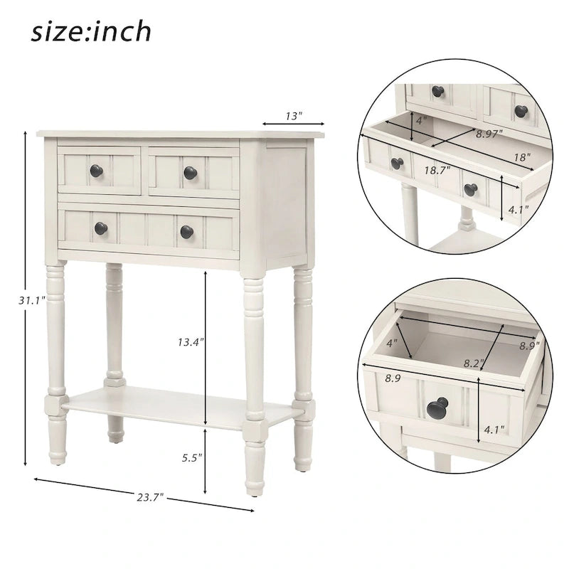 Console étroite, Table d'appoint mince avec trois tiroirs de rangement et étagère inférieure