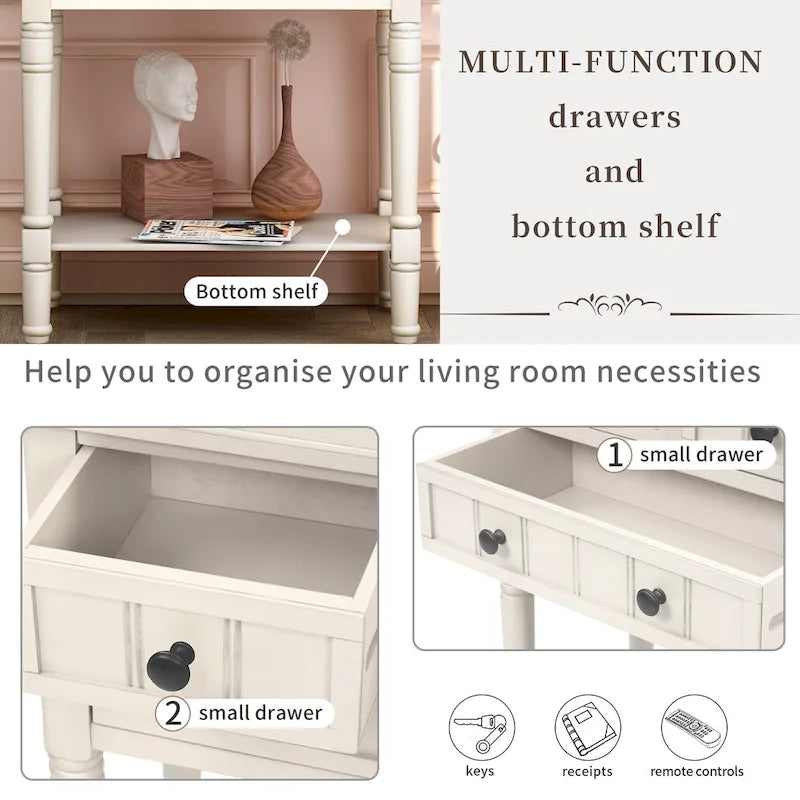 Console étroite, Table d'appoint mince avec trois tiroirs de rangement et étagère inférieure