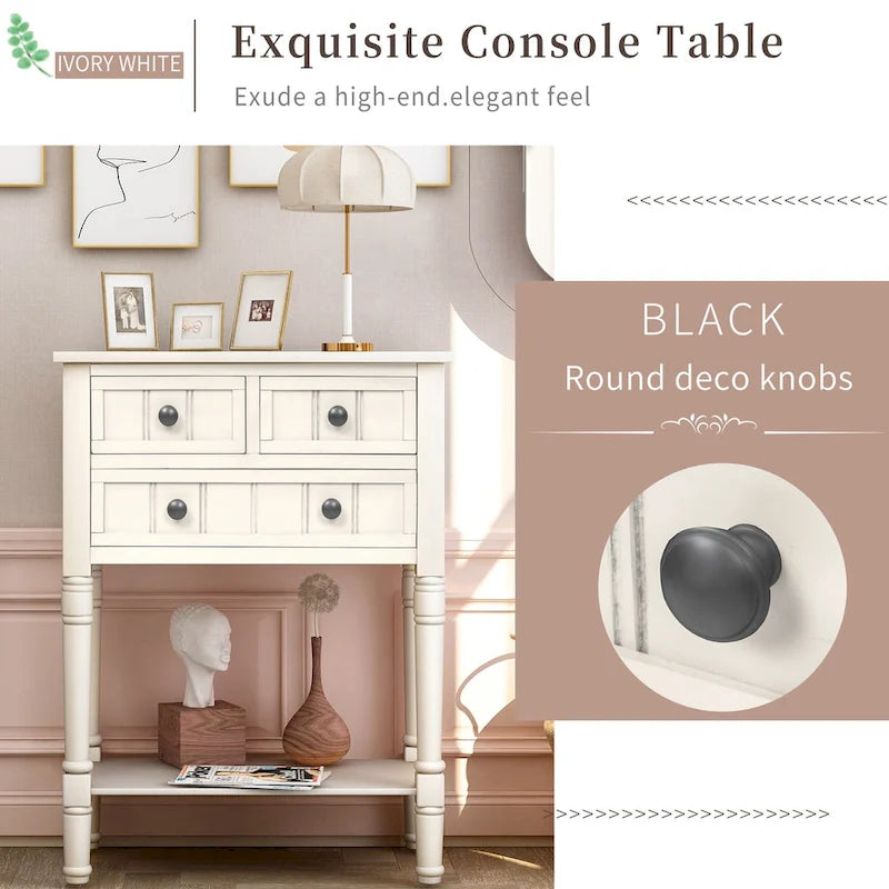 Console étroite, Table d'appoint mince avec trois tiroirs de rangement et étagère inférieure