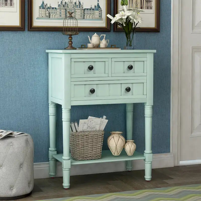 Console étroite, Table d'appoint mince avec trois tiroirs de rangement et étagère inférieure