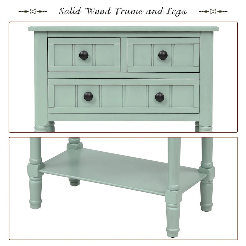 Console étroite, Table d'appoint mince avec trois tiroirs de rangement et étagère inférieure