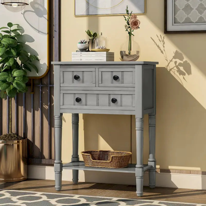 Console étroite, Table d'appoint mince avec trois tiroirs de rangement et étagère inférieure