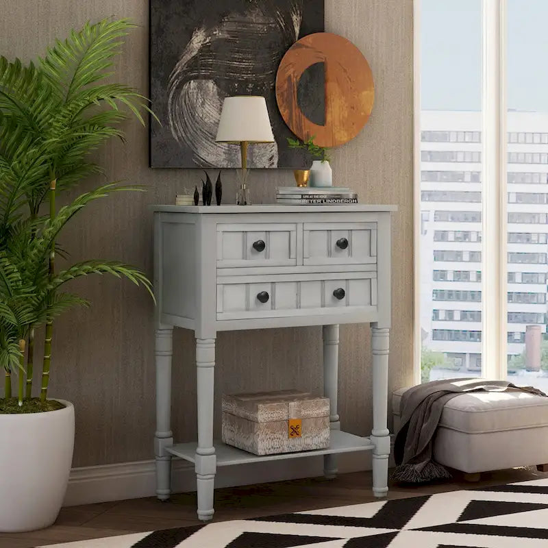 Console étroite, Table d'appoint mince avec trois tiroirs de rangement et étagère inférieure