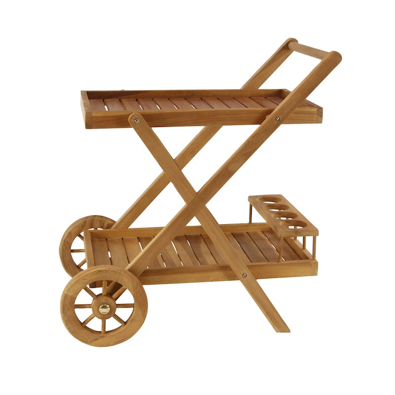 Desserte de bar roulante en bois de teck avec 2 étagères, roulettes et poignée – Marron