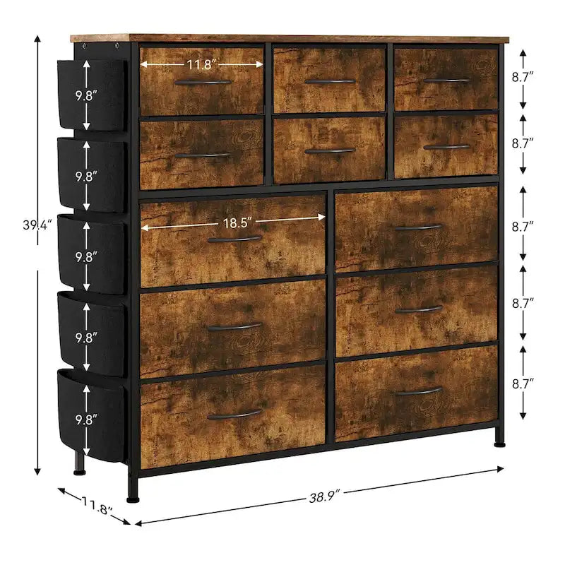 Commode à 12 tiroirs pour chambre à coucher, commode haute en tissu avec poches latérales et crochets