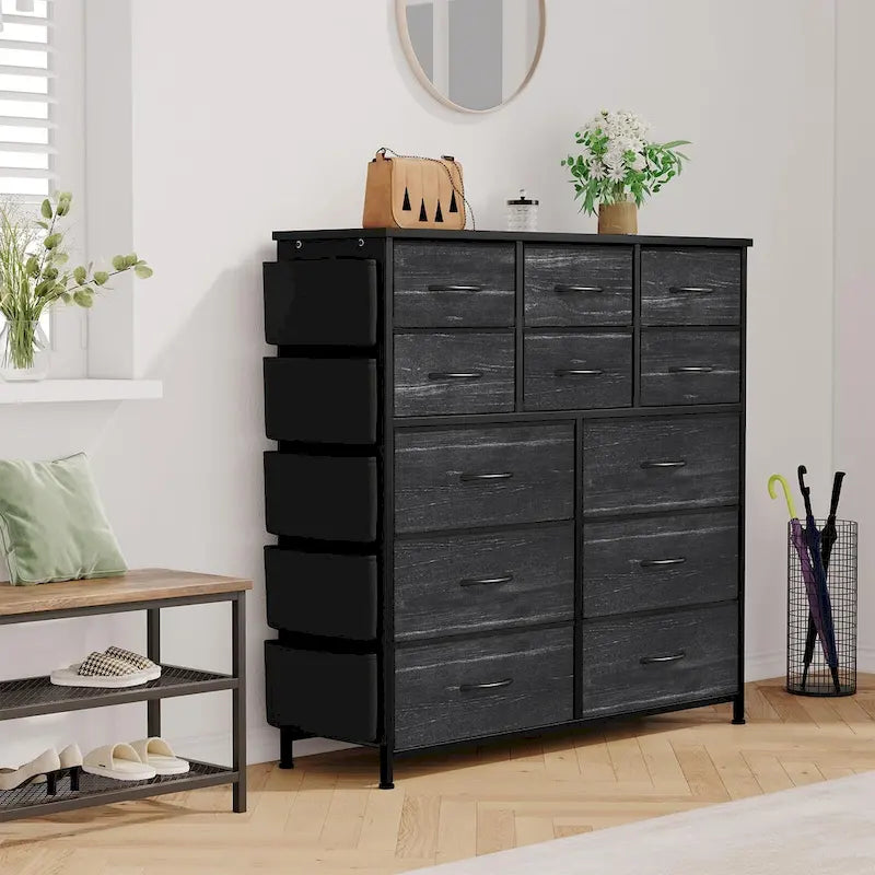 Commode à 12 tiroirs pour chambre à coucher, commode haute en tissu avec poches latérales et crochets