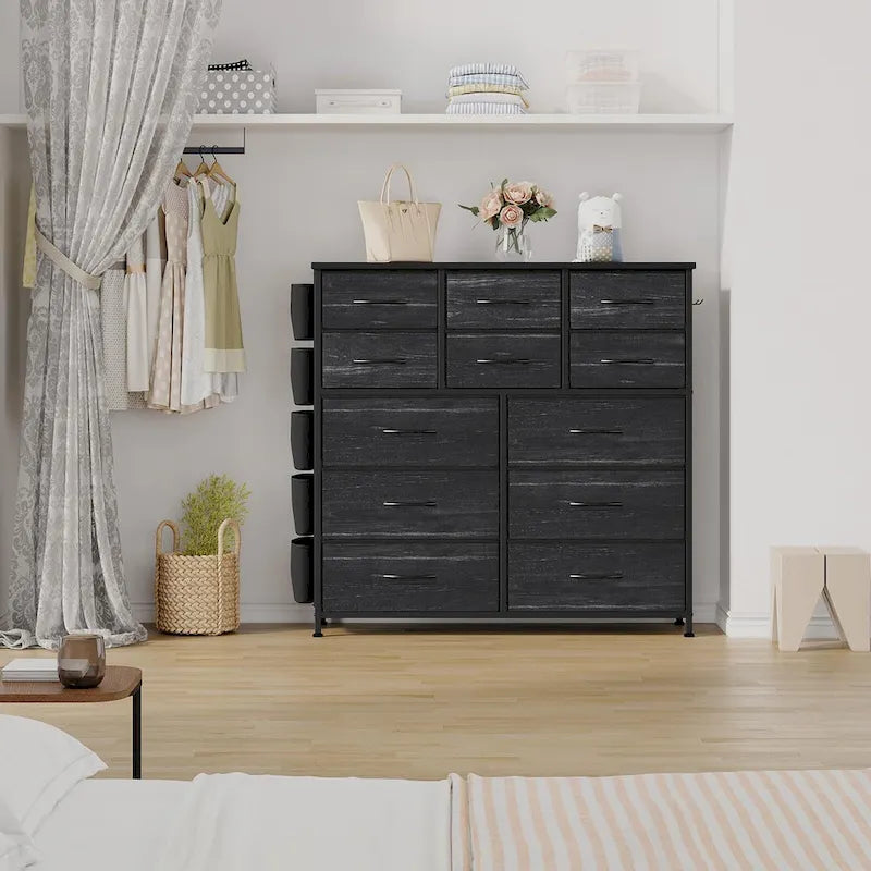 Commode à 12 tiroirs pour chambre à coucher, commode haute en tissu avec poches latérales et crochets