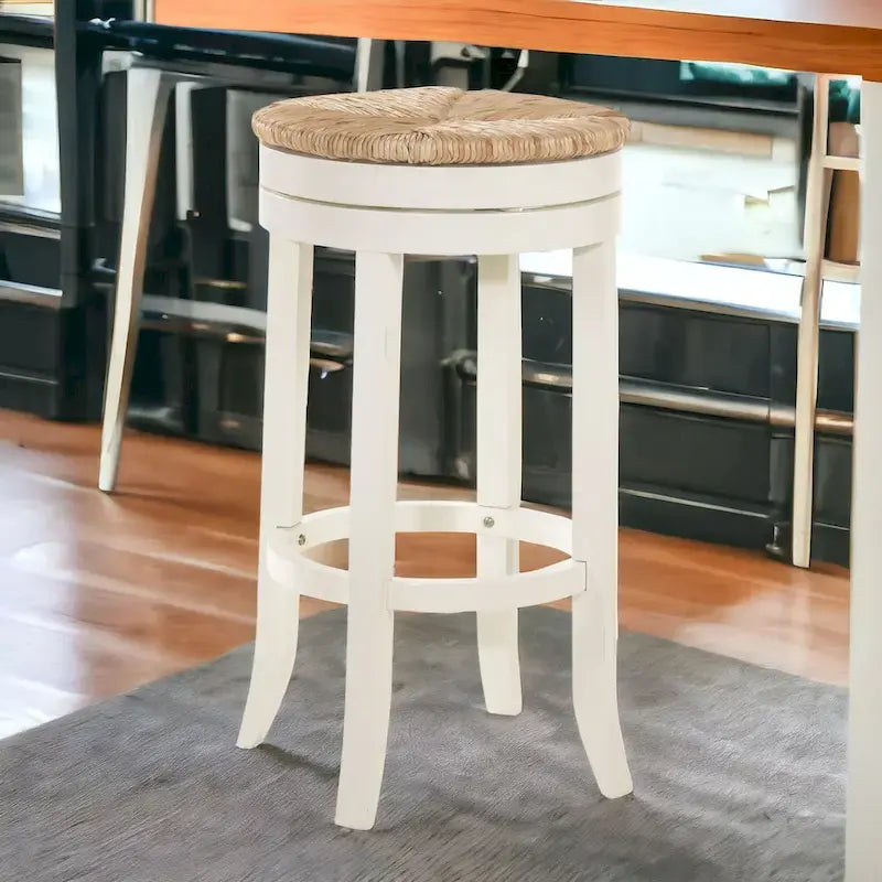Chaise de bar sans dossier pivotante en bois massif blanc vieilli et naturel de 76 cm de hauteur avec repose-pieds