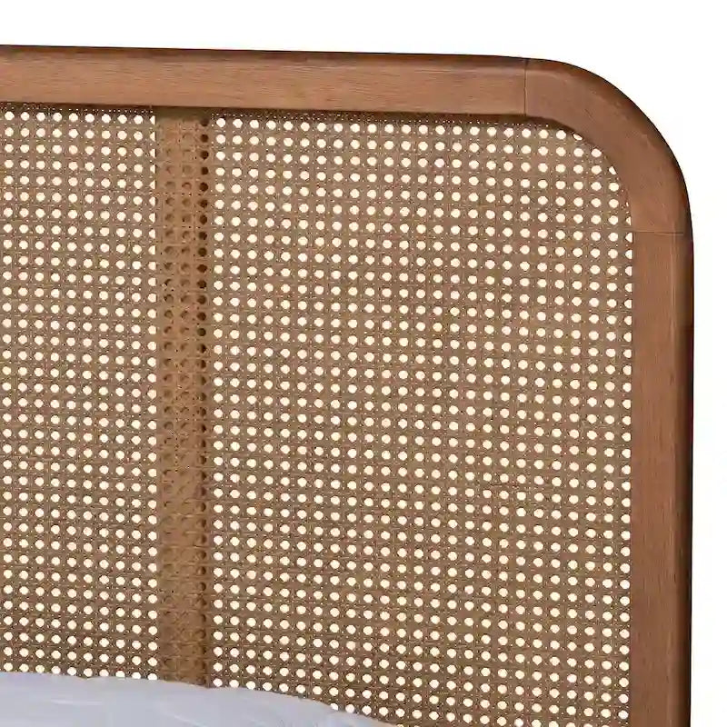 Lit Plateforme en Bois et Rotin Synthétique, Style Mid-Century Moderne