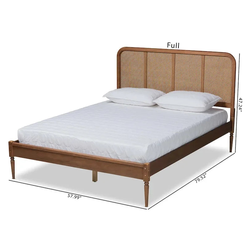 Lit Plateforme en Bois et Rotin Synthétique, Style Mid-Century Moderne
