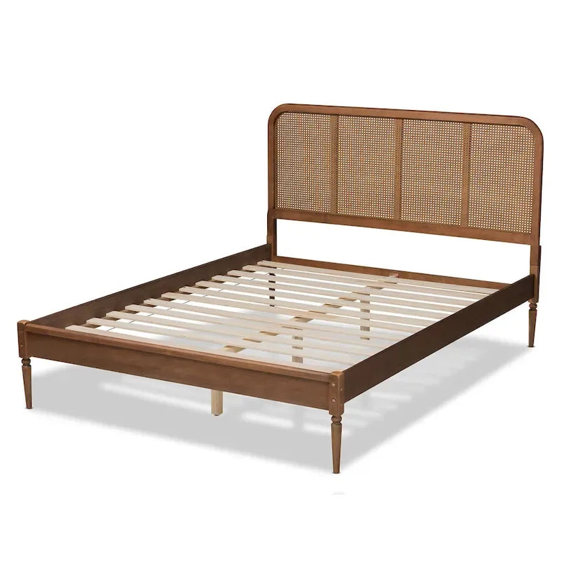 Lit Plateforme en Bois et Rotin Synthétique, Style Mid-Century Moderne