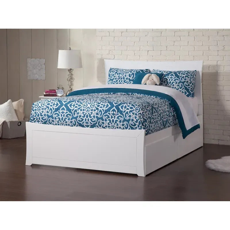 Lit plateforme et pied de lit complets avec 2 tiroirs de rangement blancs