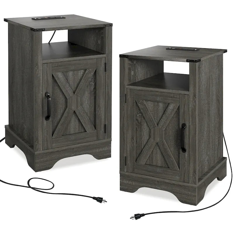 Table de chevet de ferme avec station de recharge et porte de grange (Lot de 2)