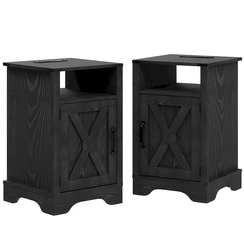 Table de chevet de ferme avec station de recharge et porte de grange (Lot de 2)