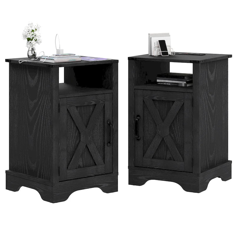 Table de chevet de ferme avec station de recharge et porte de grange (Lot de 2)