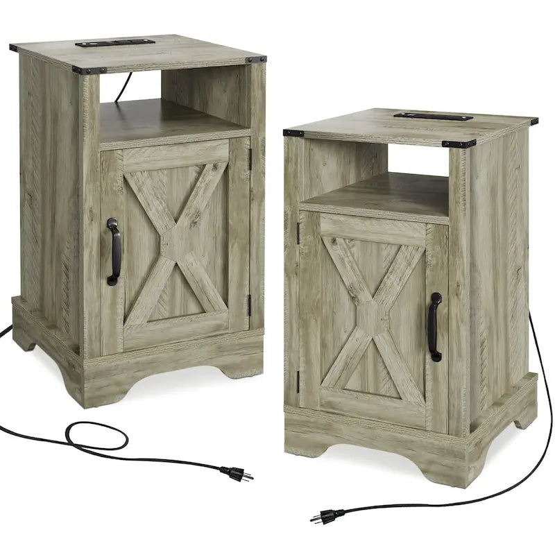 Table de chevet de ferme avec station de recharge et porte de grange (Lot de 2)