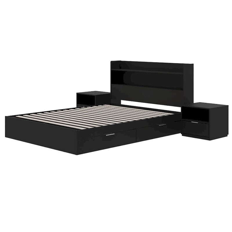 Lit plate-forme avec tête de lit et 2 tables de chevet