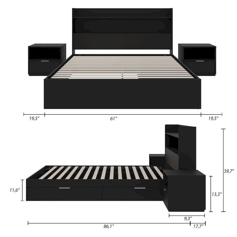 Lit plate-forme avec tête de lit et 2 tables de chevet