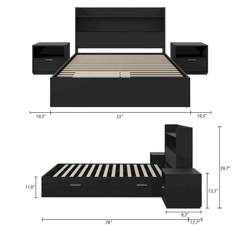 Lit plate-forme avec tête de lit et 2 tables de chevet