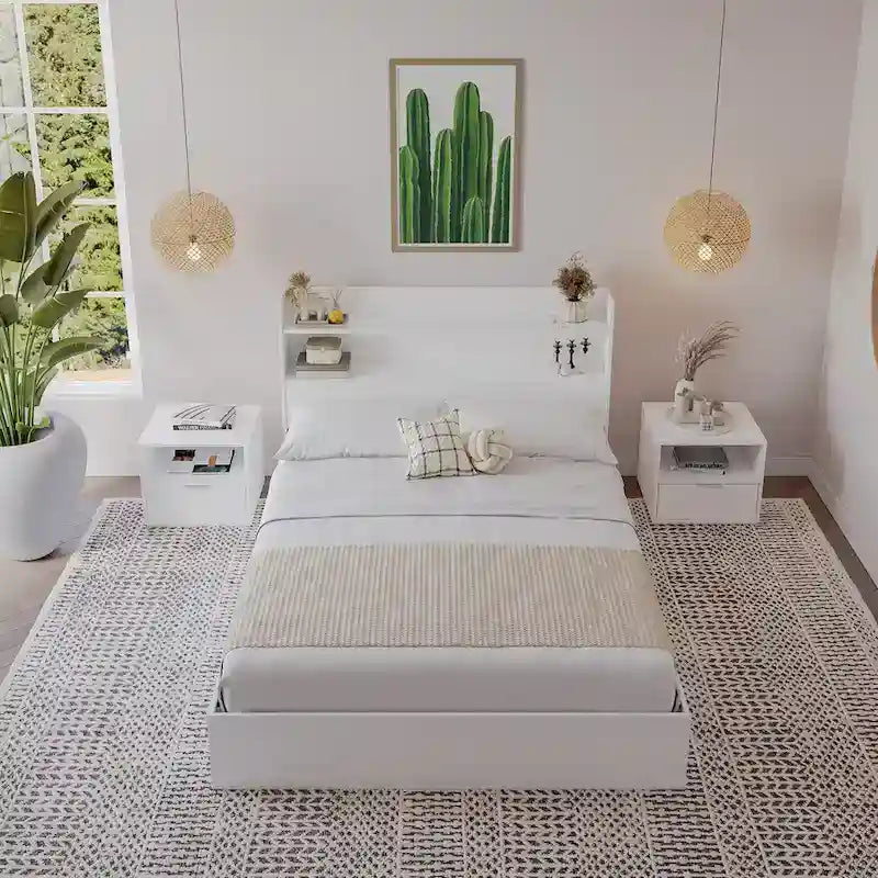 Lit plate-forme avec tête de lit et 2 tables de chevet