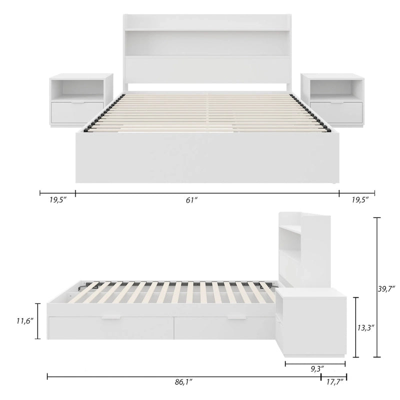 Lit plate-forme avec tête de lit et 2 tables de chevet
