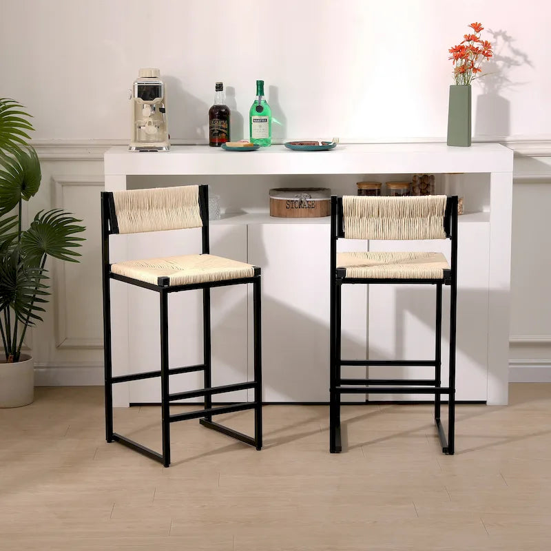 Lot de 2 chaises de salle à manger tressées en corde Papetr, tabourets de bar avec repose-pieds
