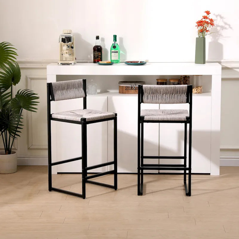 Lot de 2 chaises de salle à manger tressées en corde Papetr, tabourets de bar avec repose-pieds