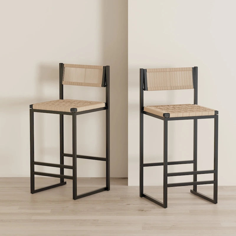 Lot de 2 chaises de salle à manger tressées en corde Papetr, tabourets de bar avec repose-pieds