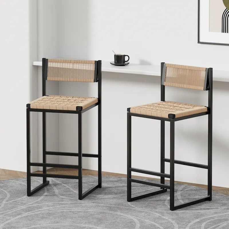Lot de 2 chaises de salle à manger tressées en corde Papetr, tabourets de bar avec repose-pieds