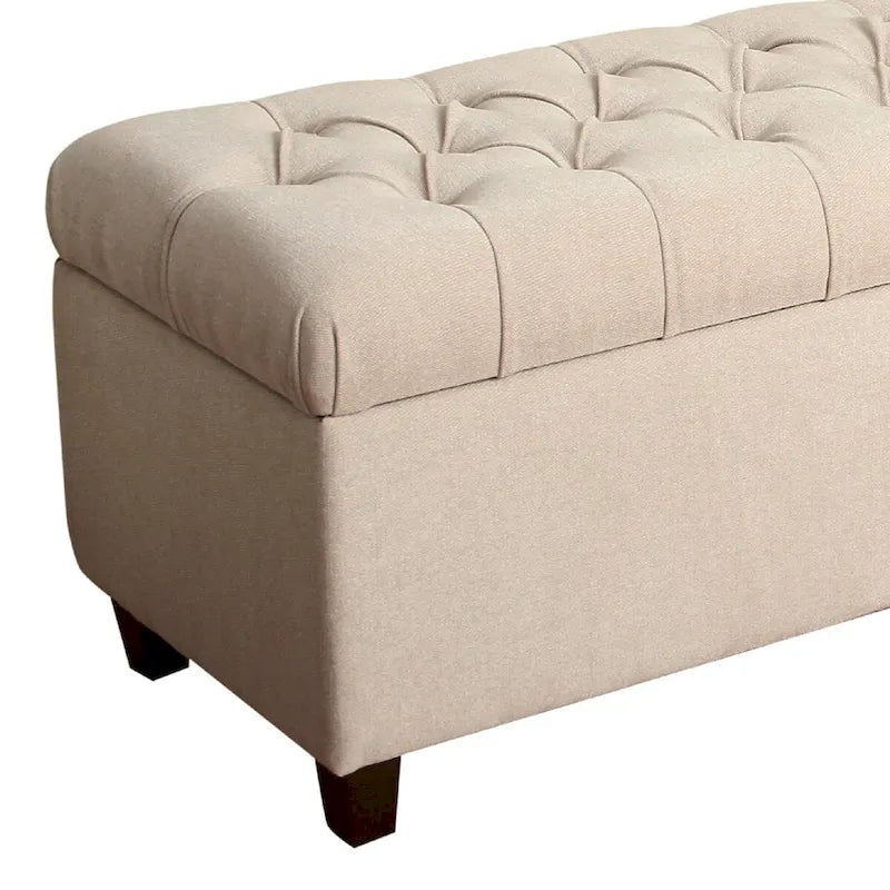 Banc en bois capitonné en tissu avec rangement à charnière, crème et marron