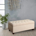 Banc en bois capitonné en tissu avec rangement à charnière, crème et marron