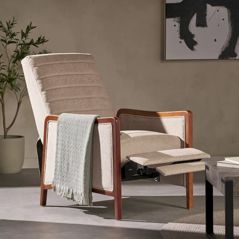 Fauteuil inclinable en tissu avec surpiqûres, style moderne du milieu du siècle, en bois, avec mécanisme de poussée