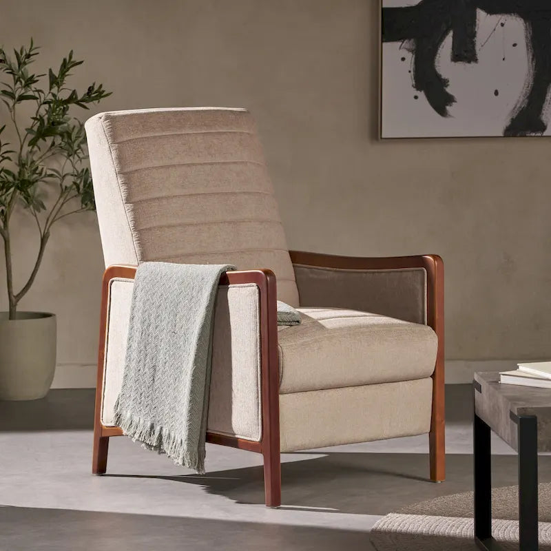 Fauteuil inclinable en tissu avec surpiqûres, style moderne du milieu du siècle, en bois, avec mécanisme de poussée