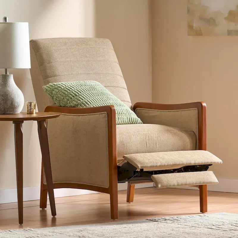 Fauteuil inclinable en tissu avec surpiqûres, style moderne du milieu du siècle, en bois, avec mécanisme de poussée