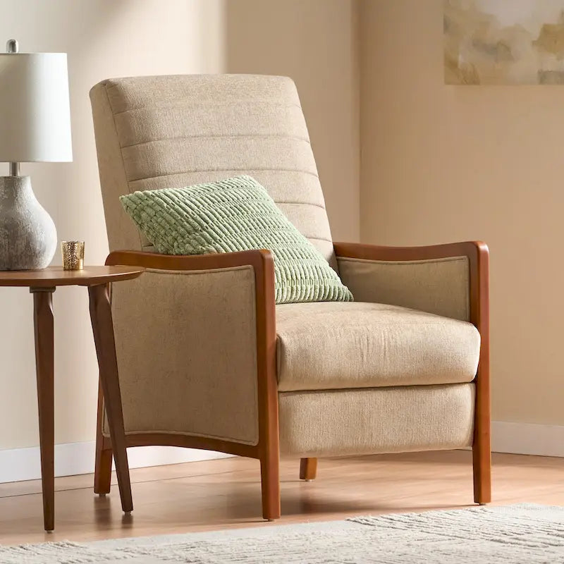 Fauteuil inclinable en tissu avec surpiqûres, style moderne du milieu du siècle, en bois, avec mécanisme de poussée