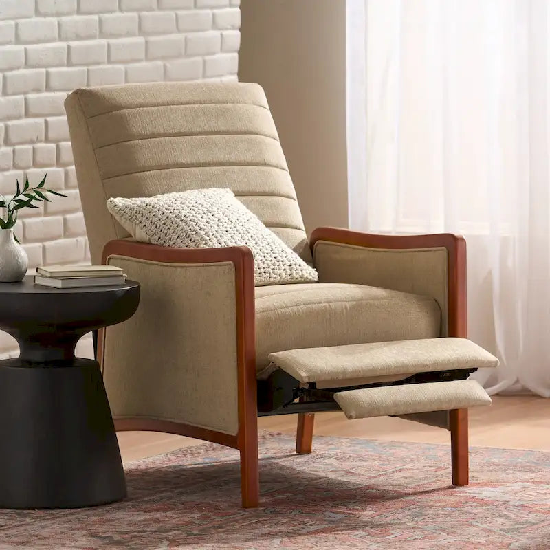 Fauteuil inclinable en tissu avec surpiqûres, style moderne du milieu du siècle, en bois, avec mécanisme de poussée