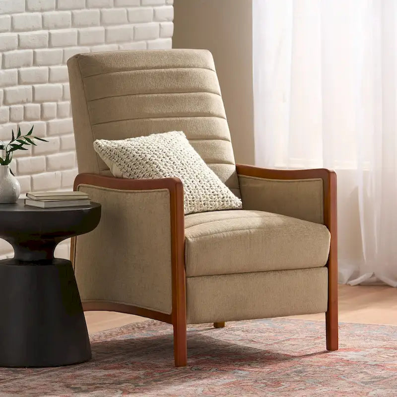 Fauteuil inclinable en tissu avec surpiqûres, style moderne du milieu du siècle, en bois, avec mécanisme de poussée