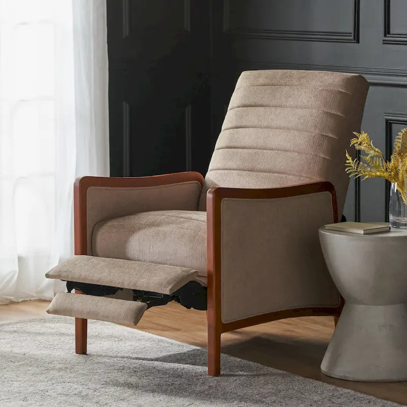 Fauteuil inclinable en tissu avec surpiqûres, style moderne du milieu du siècle, en bois, avec mécanisme de poussée